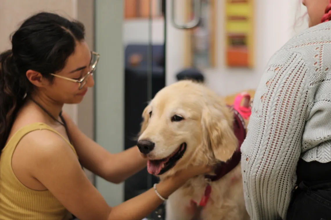 Student petting sally on the neck