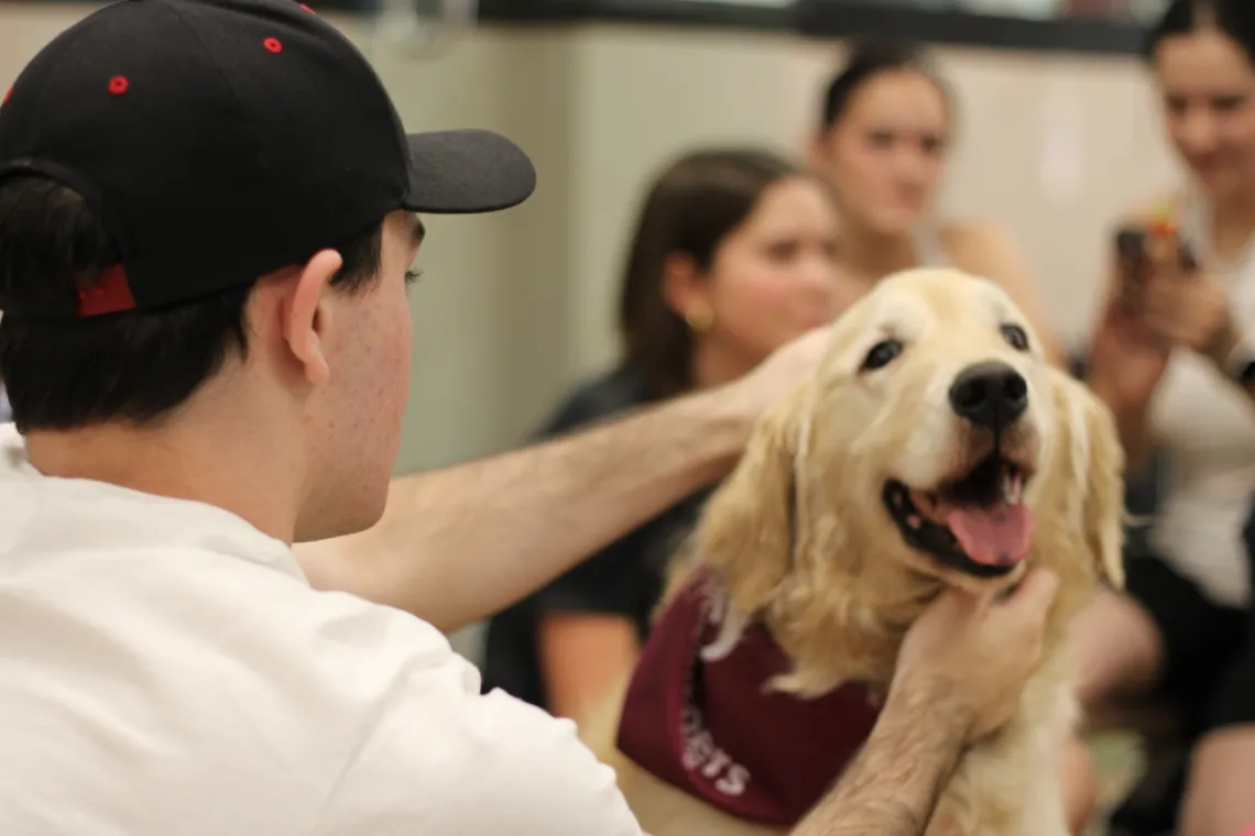 Student petting Sally