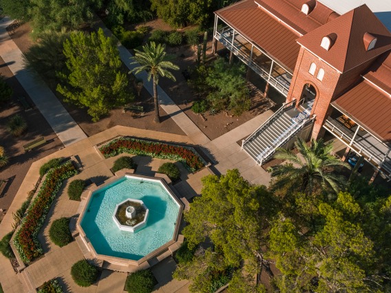 an aerial picture of old main fountain